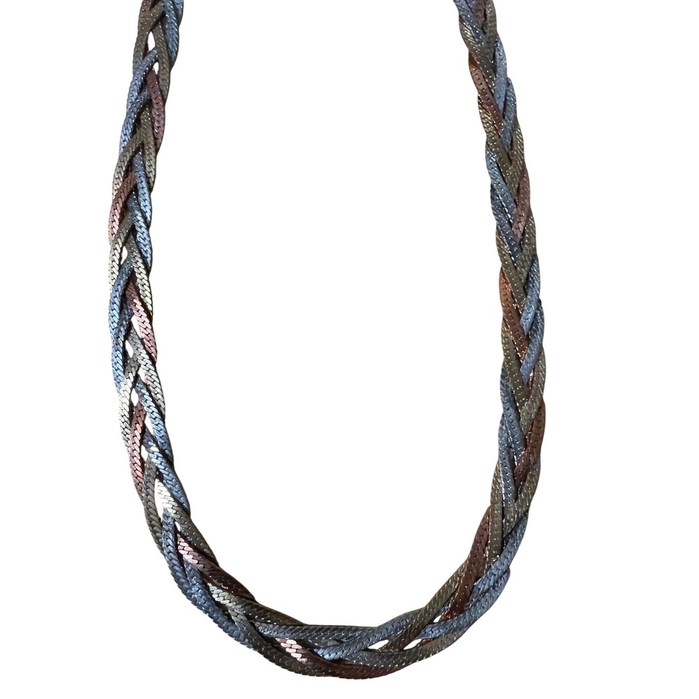 Tri Color Braided Chain Necklace Silver Rose Gold‎ Tone Statement Gift Elegant